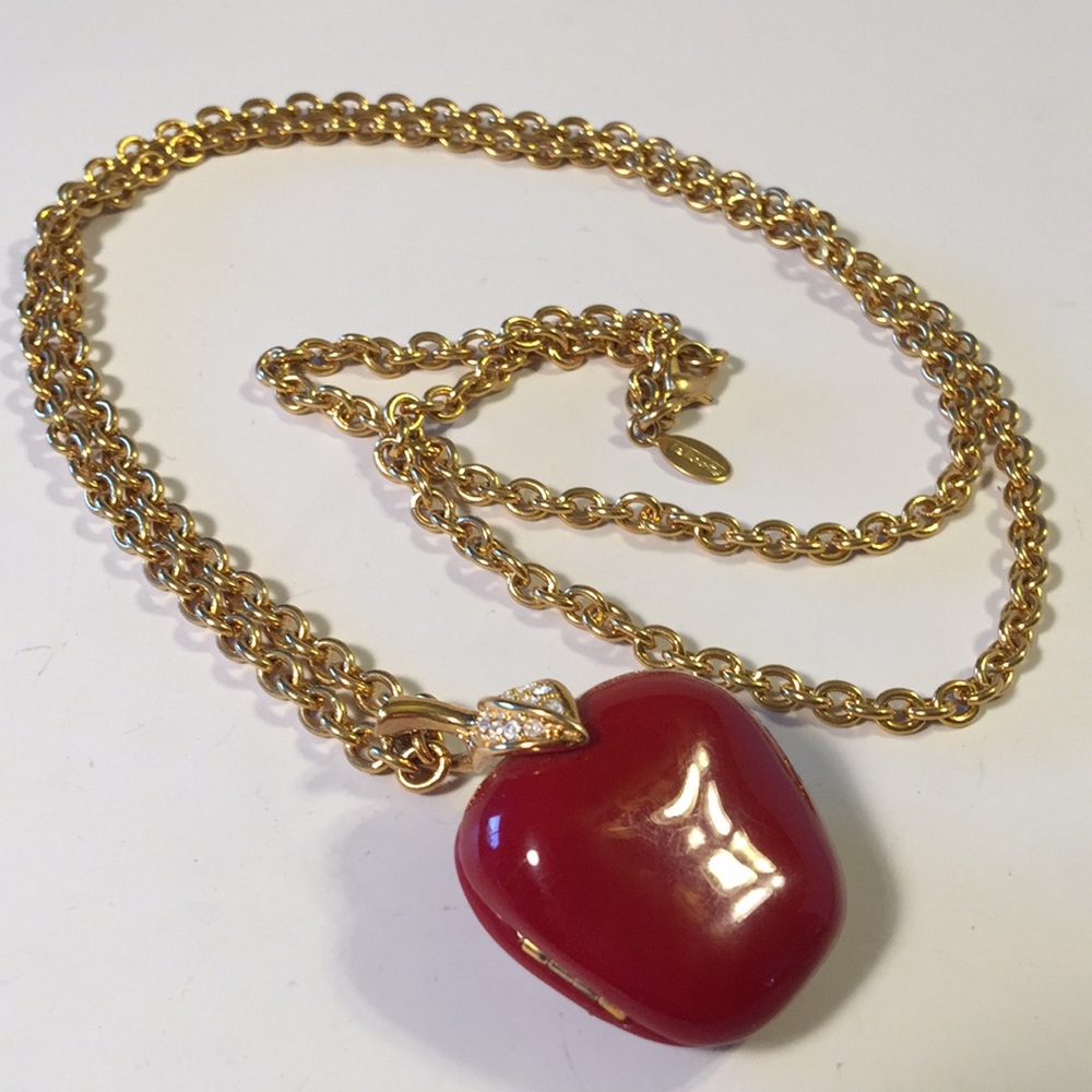 Talbots red apple rhinestone locket necklace